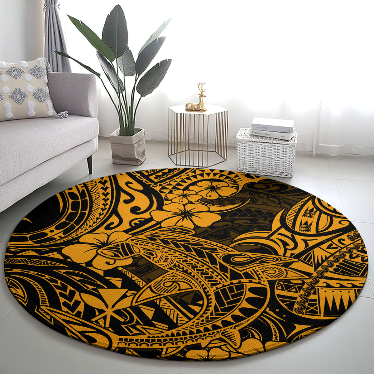 hawaii-shark-round-carpet-polynesian-pattern-gold-version