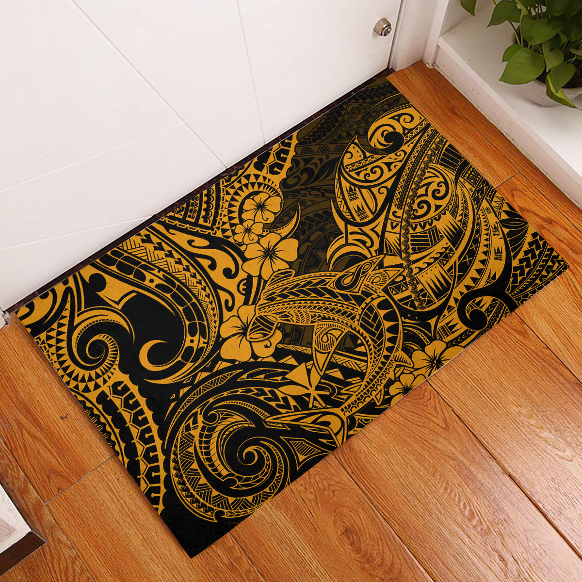 Hawaii Shark Rubber Doormat Polynesian Pattern Gold Version - Wonder Print Shop