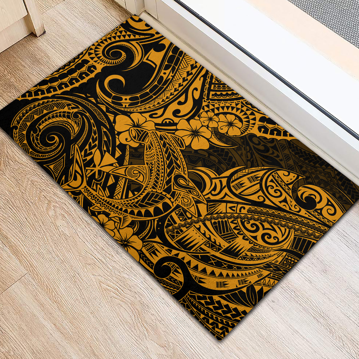 Hawaii Shark Rubber Doormat Polynesian Pattern Gold Version - Wonder Print Shop