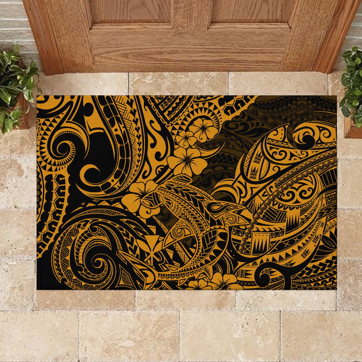 Hawaii Shark Rubber Doormat Polynesian Pattern Gold Version - Wonder Print Shop