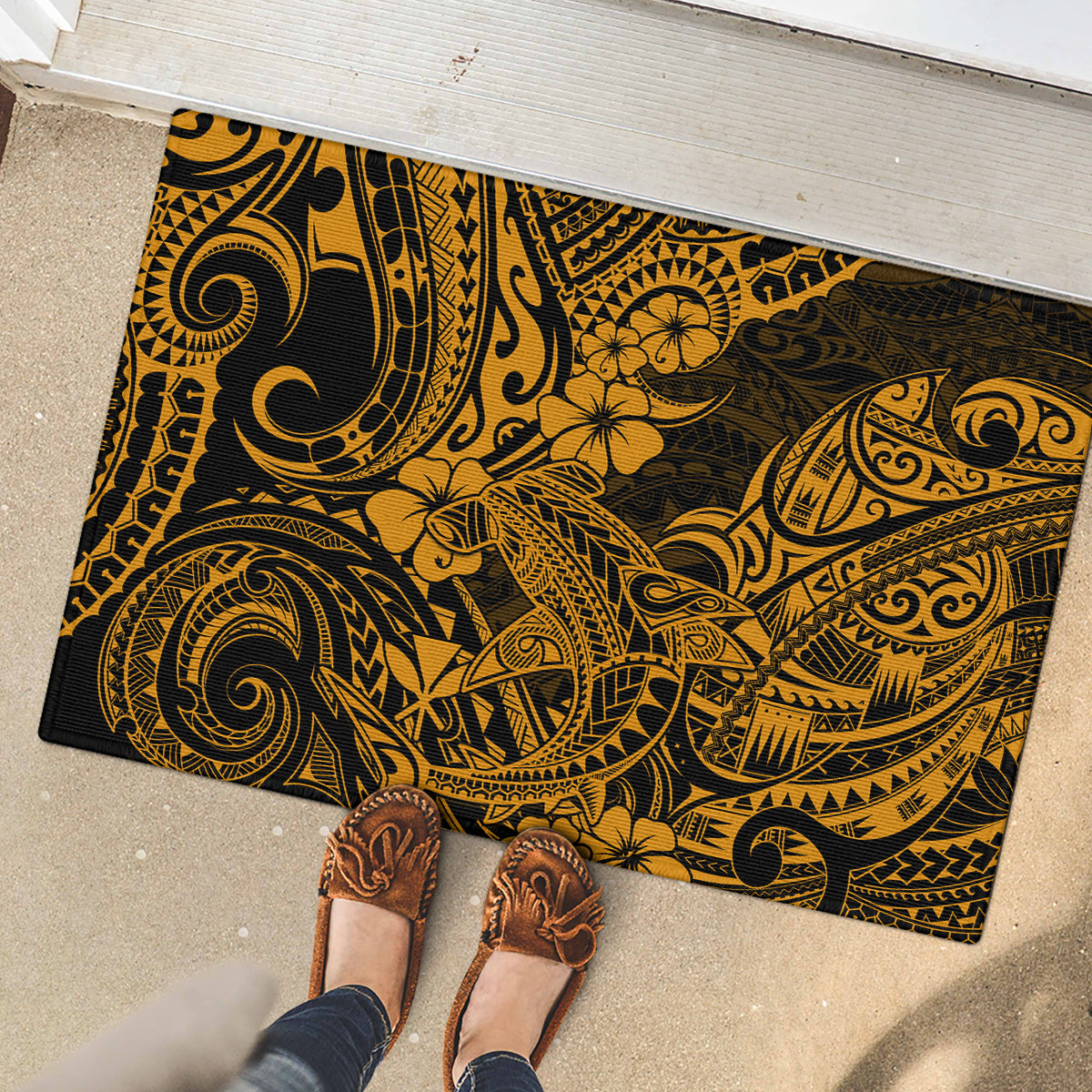 Hawaii Shark Rubber Doormat Polynesian Pattern Gold Version - Wonder Print Shop