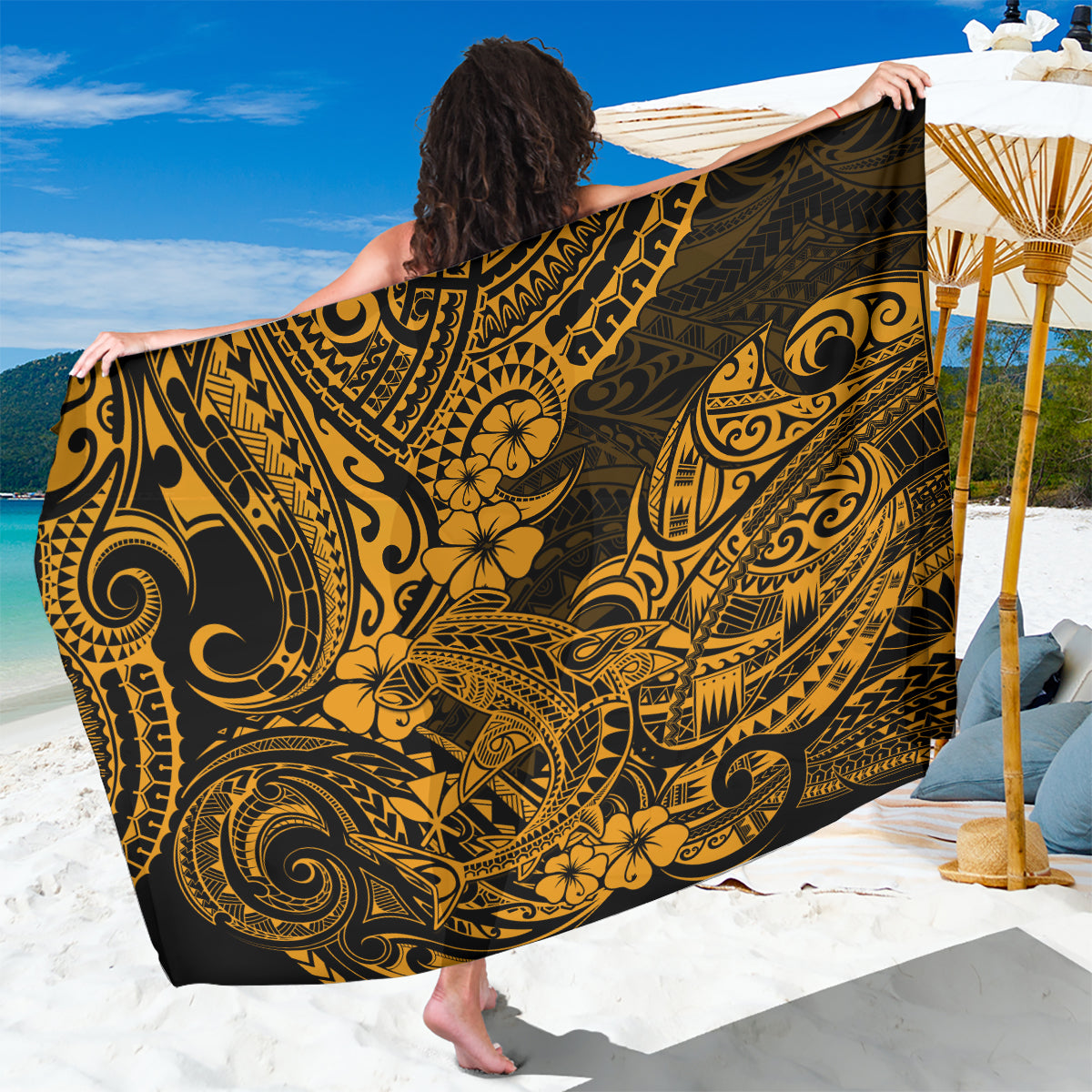 Hawaii Shark Sarong Polynesian Pattern Gold Version - Wonder Print Shop