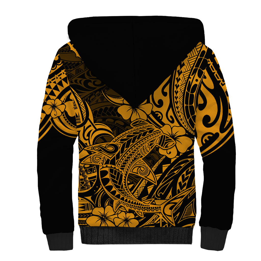 Hawaii Shark Sherpa Hoodie Polynesian Pattern Gold Version - Wonder Print Shop