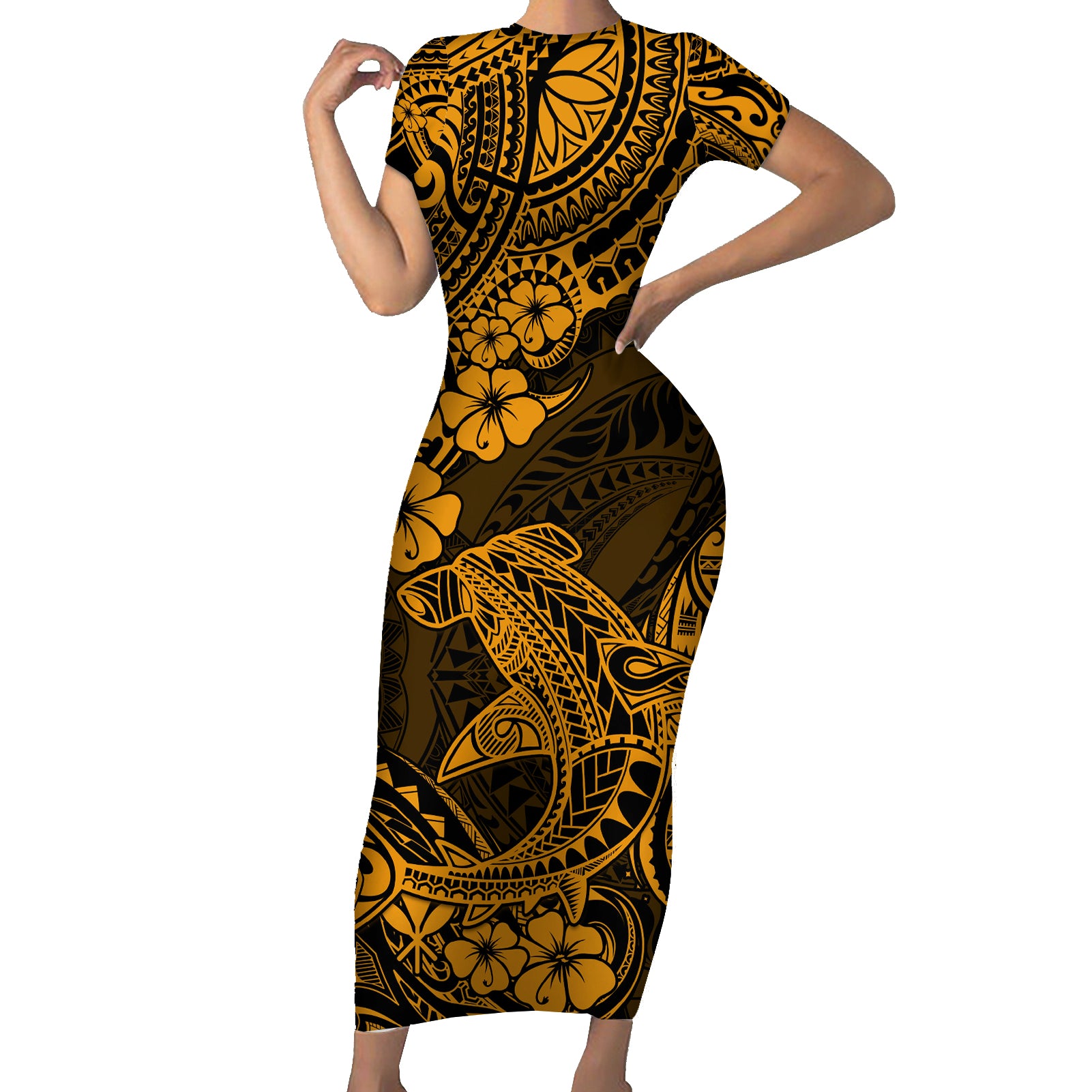Hawaii Shark Short Sleeve Bodycon Dress Polynesian Pattern Gold Version - Wonder Print Shop