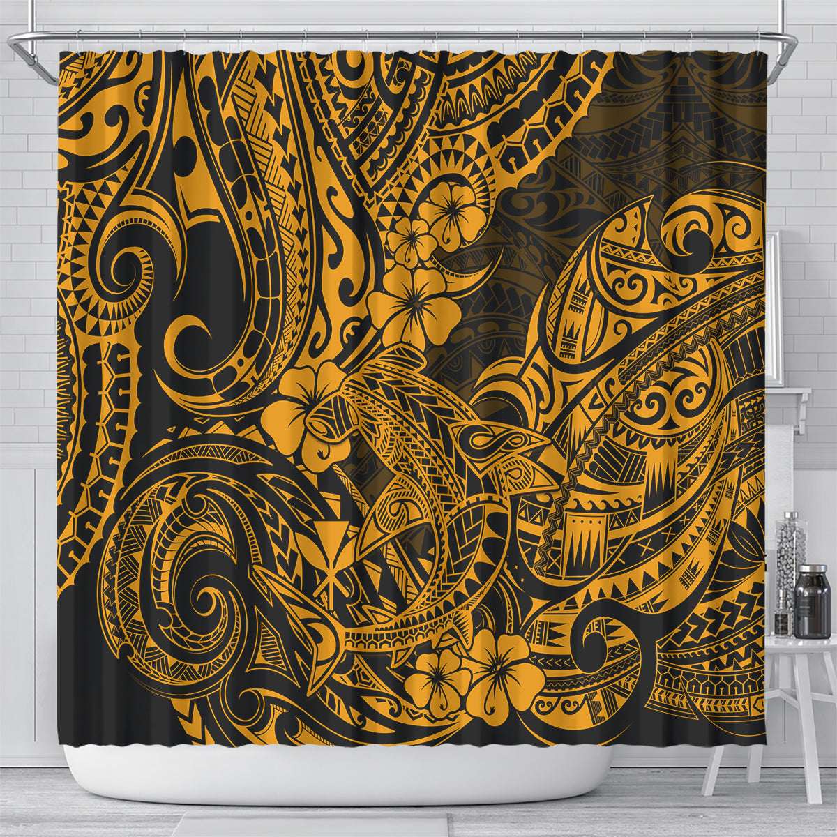 hawaii-shark-shower-curtain-polynesian-pattern-gold-version