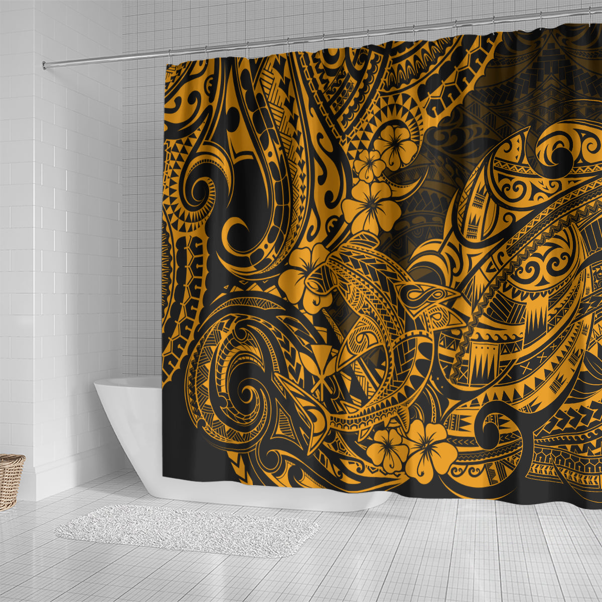 hawaii-shark-shower-curtain-polynesian-pattern-gold-version