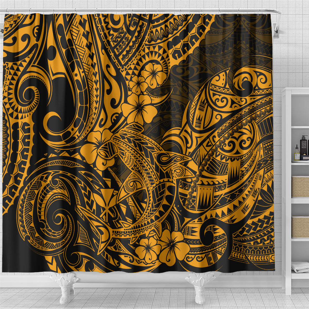 hawaii-shark-shower-curtain-polynesian-pattern-gold-version