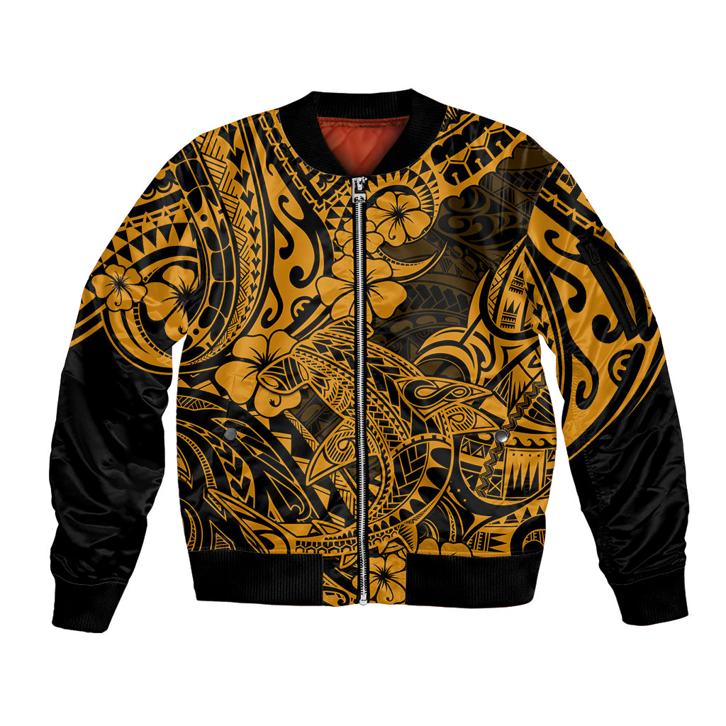 Hawaii Shark Sleeve Zip Bomber Jacket Polynesian Pattern Gold Version - Wonder Print Shop