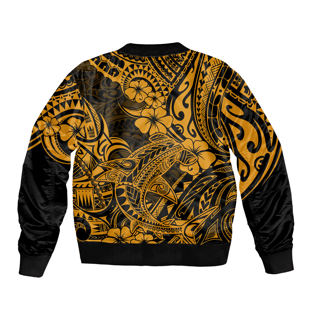 Hawaii Shark Sleeve Zip Bomber Jacket Polynesian Pattern Gold Version - Wonder Print Shop