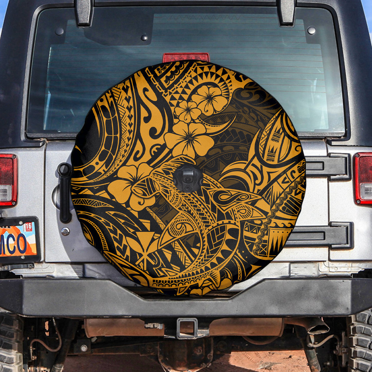 Hawaii Shark Spare Tire Cover Polynesian Pattern Gold Version - Wonder Print Shop