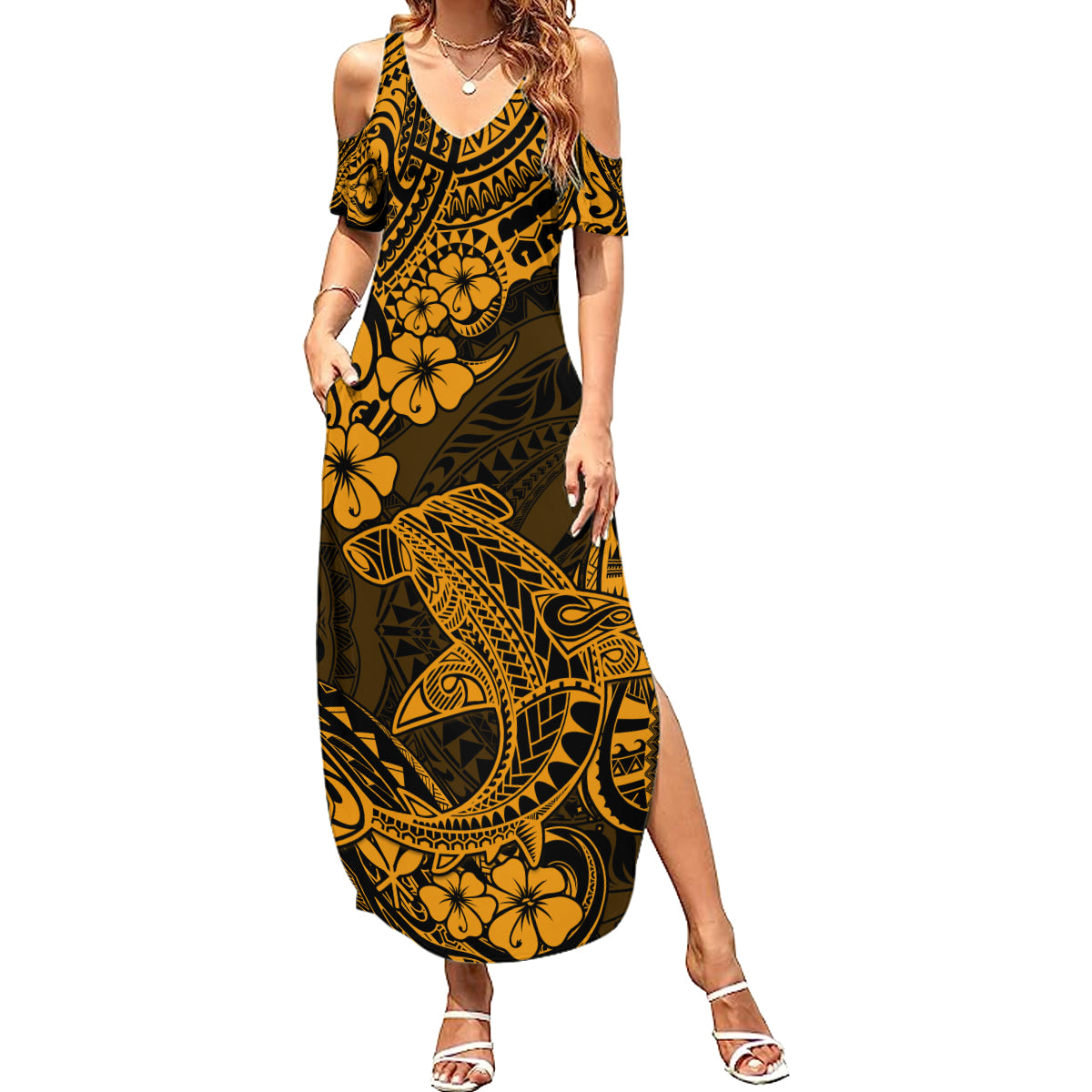 Hawaii Shark Summer Maxi Dress Polynesian Pattern Gold Version - Wonder Print Shop