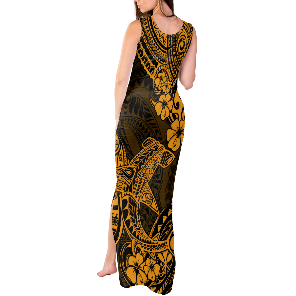 Hawaii Shark Tank Maxi Dress Polynesian Pattern Gold Version - Wonder Print Shop
