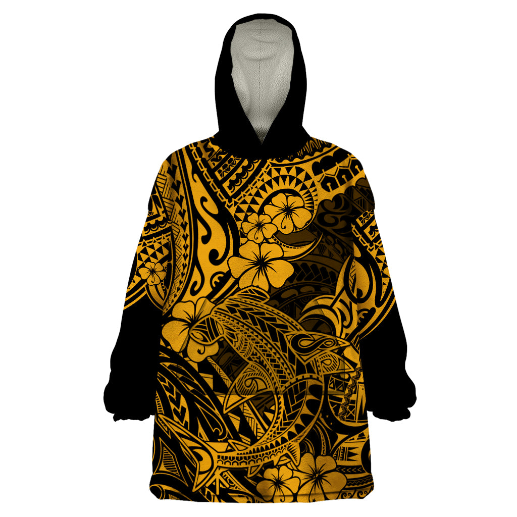 Hawaii Shark Wearable Blanket Hoodie Polynesian Pattern Gold Version - Wonder Print Shop