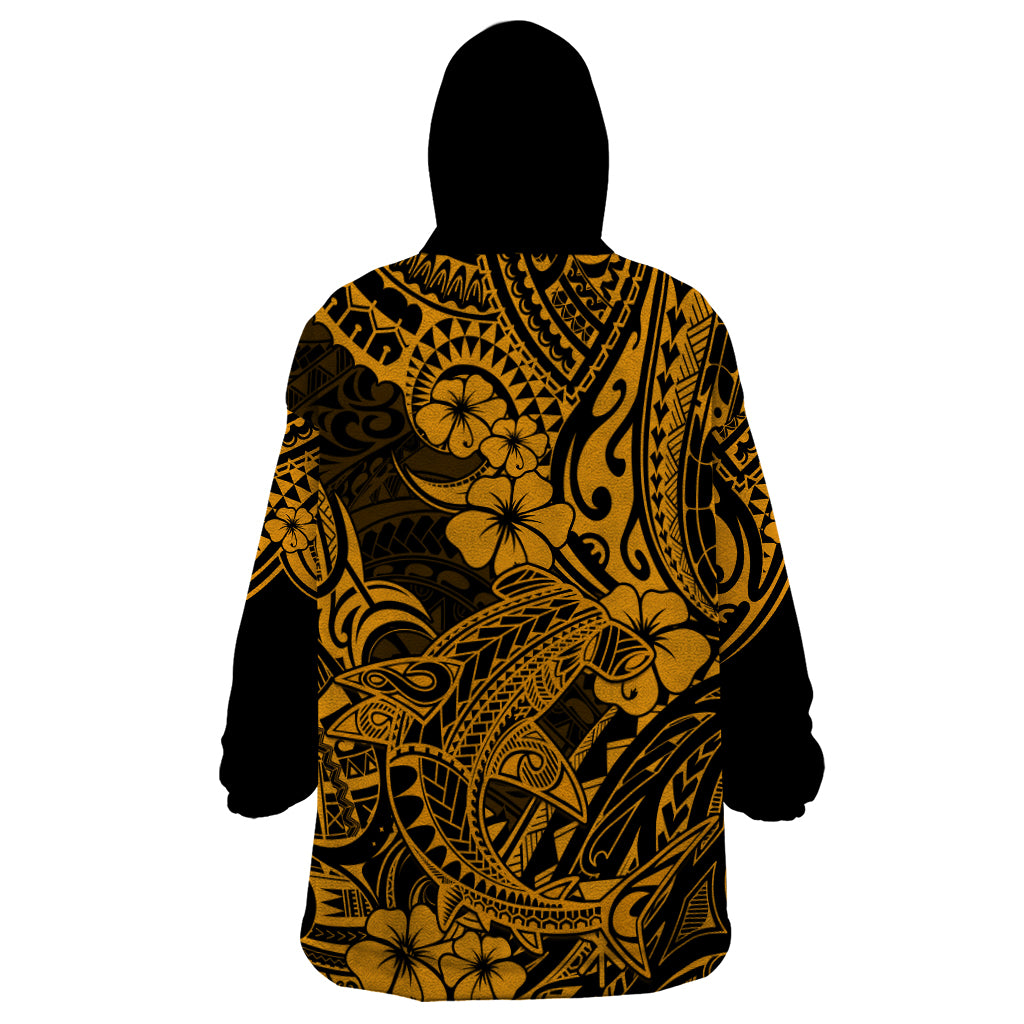 Hawaii Shark Wearable Blanket Hoodie Polynesian Pattern Gold Version - Wonder Print Shop
