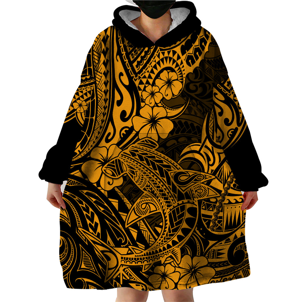 Hawaii Shark Wearable Blanket Hoodie Polynesian Pattern Gold Version - Wonder Print Shop