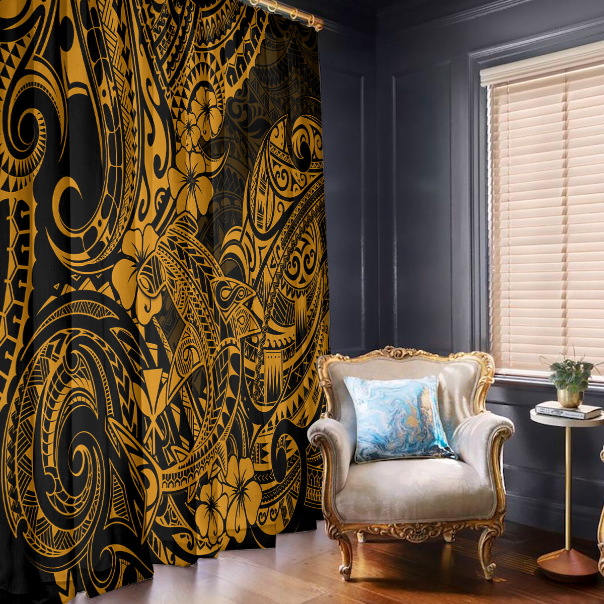 Hawaii Shark Window Curtain Polynesian Pattern Gold Version - Wonder Print Shop