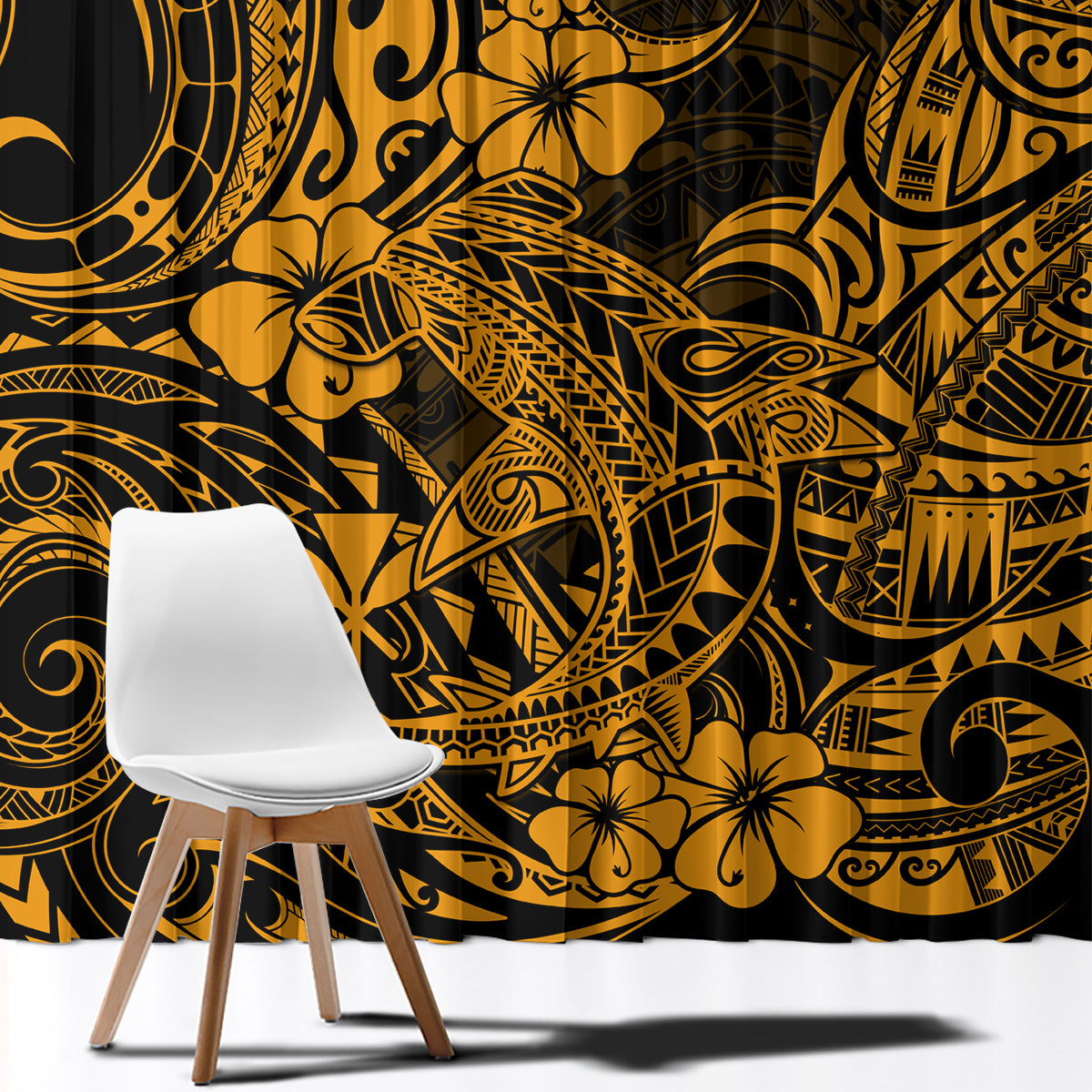 Hawaii Shark Window Curtain Polynesian Pattern Gold Version - Wonder Print Shop