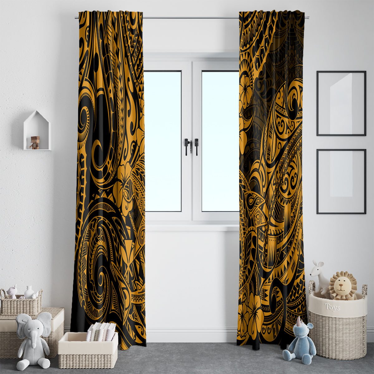 Hawaii Shark Window Curtain Polynesian Pattern Gold Version - Wonder Print Shop