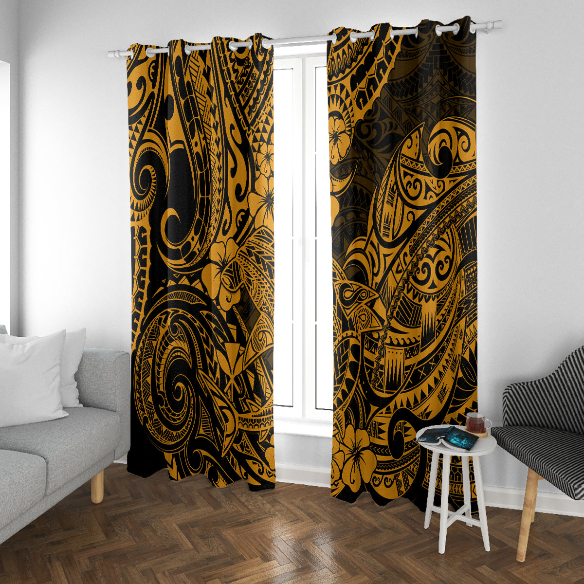 Hawaii Shark Window Curtain Polynesian Pattern Gold Version - Wonder Print Shop