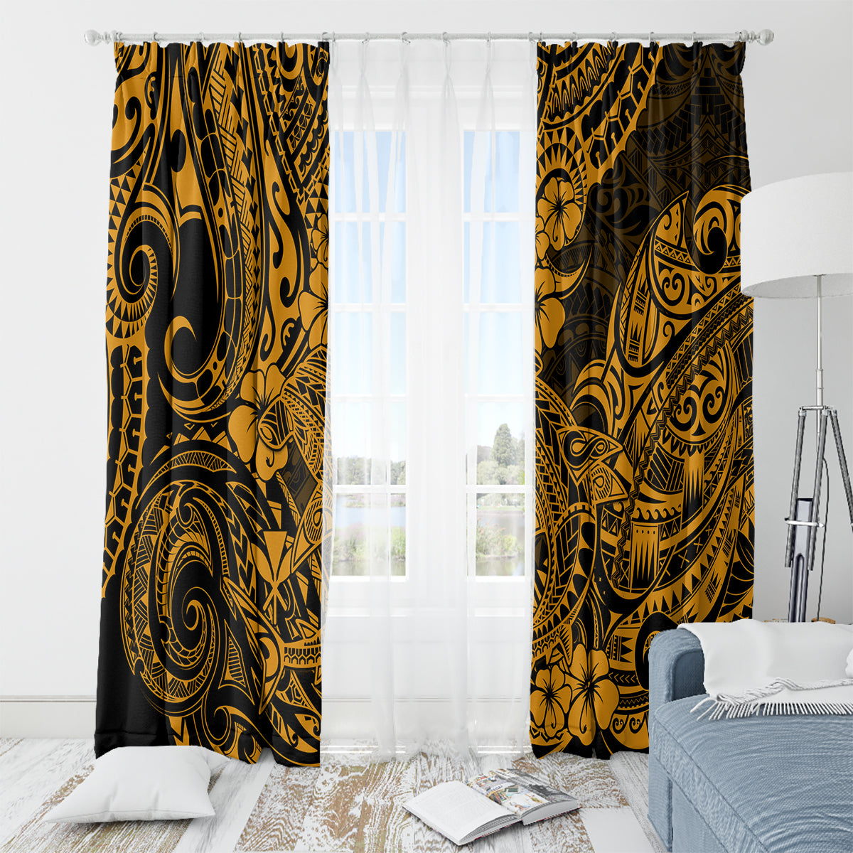 Hawaii Shark Window Curtain Polynesian Pattern Gold Version - Wonder Print Shop