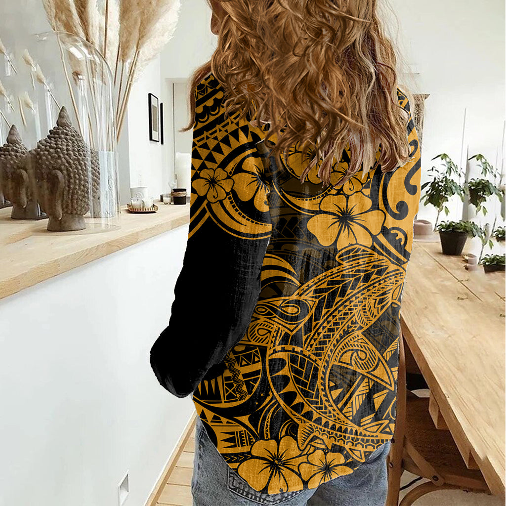 Hawaii Shark Women Casual Shirt Polynesian Pattern Gold Version - Wonder Print Shop