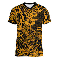 Hawaii Shark Women V Neck T Shirt Polynesian Pattern Gold Version - Wonder Print Shop