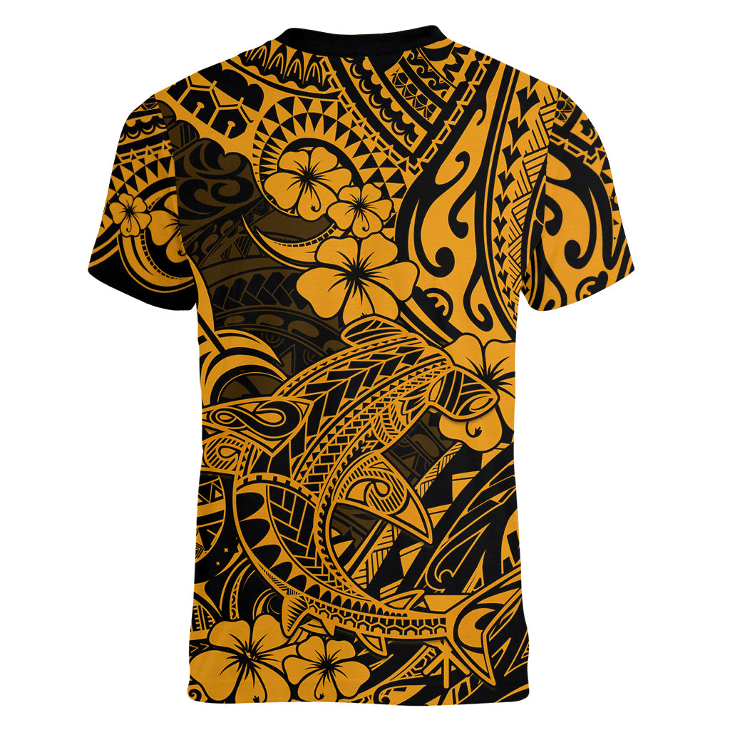 Hawaii Shark Women V Neck T Shirt Polynesian Pattern Gold Version - Wonder Print Shop