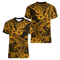 Hawaii Shark Women V Neck T Shirt Polynesian Pattern Gold Version - Wonder Print Shop