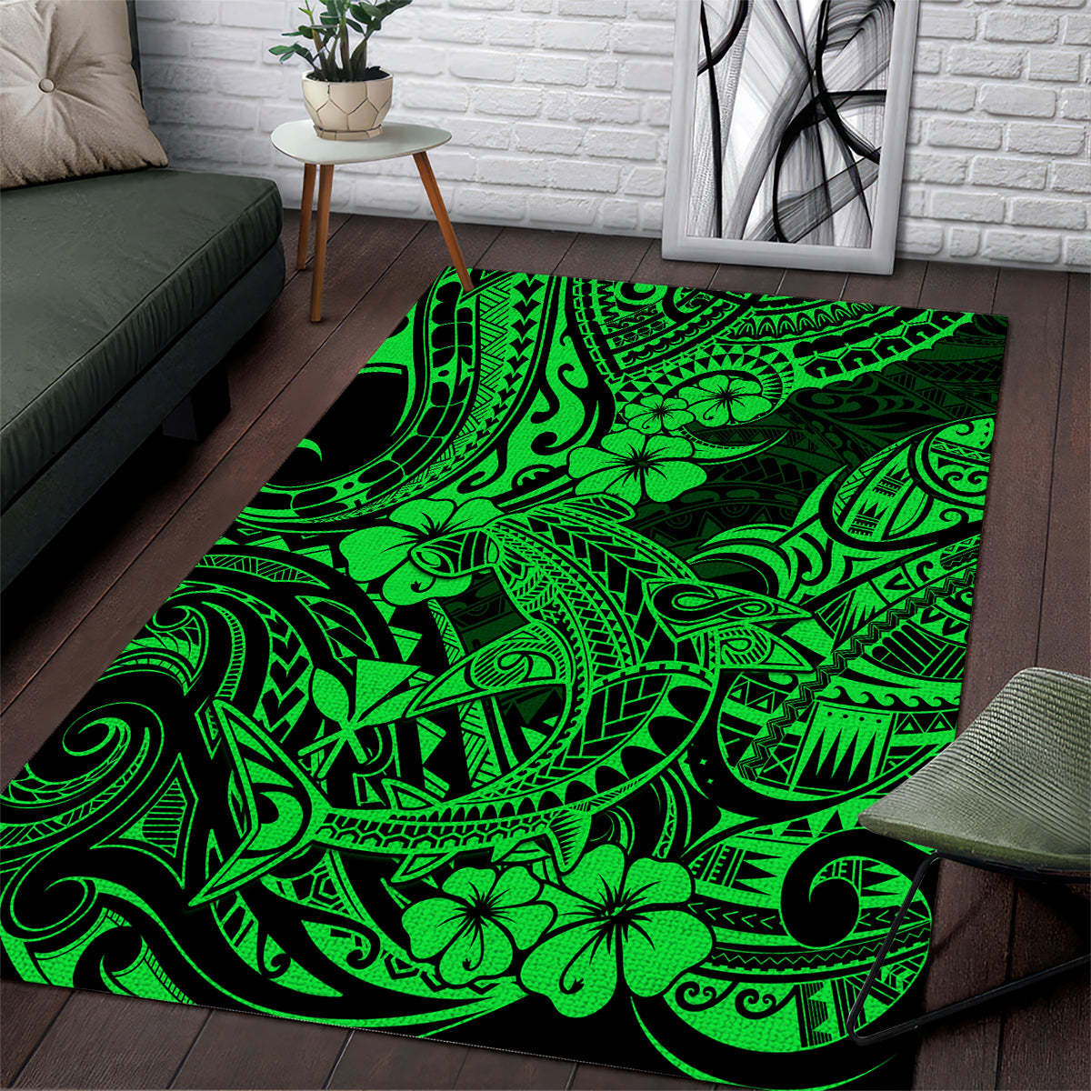 hawaii-shark-area-rug-polynesian-pattern-green-version