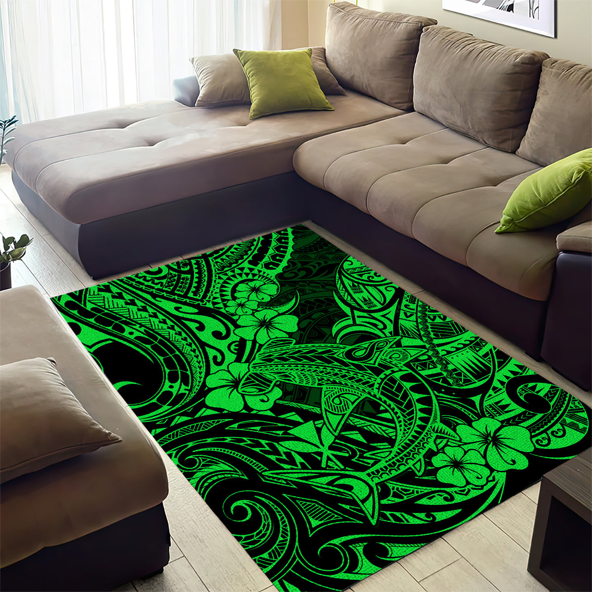 Hawaii Shark Area Rug Polynesian Pattern Green Version - Wonder Print Shop