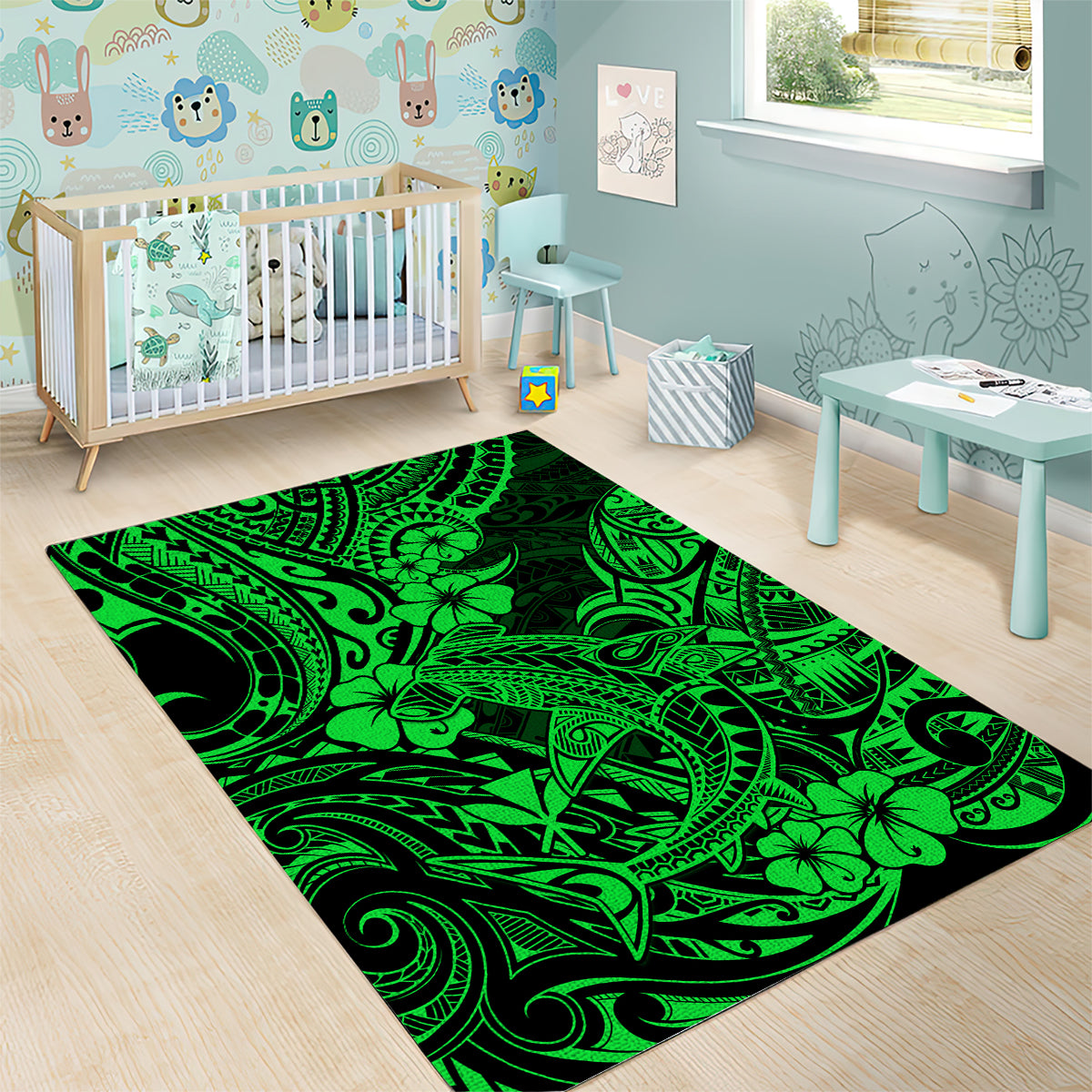 Hawaii Shark Area Rug Polynesian Pattern Green Version - Wonder Print Shop