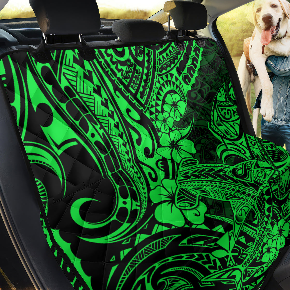 Hawaii Shark Back Car Seat Cover Polynesian Pattern Green Version - Wonder Print Shop