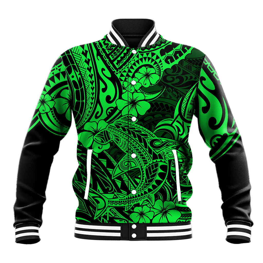 Hawaii Shark Baseball Jacket Polynesian Pattern Green Version - Wonder Print Shop