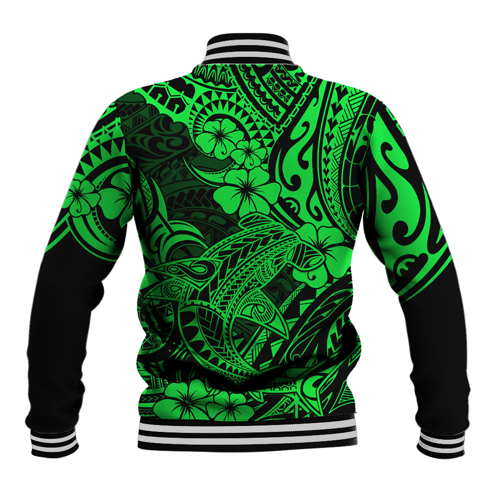 Hawaii Shark Baseball Jacket Polynesian Pattern Green Version - Wonder Print Shop