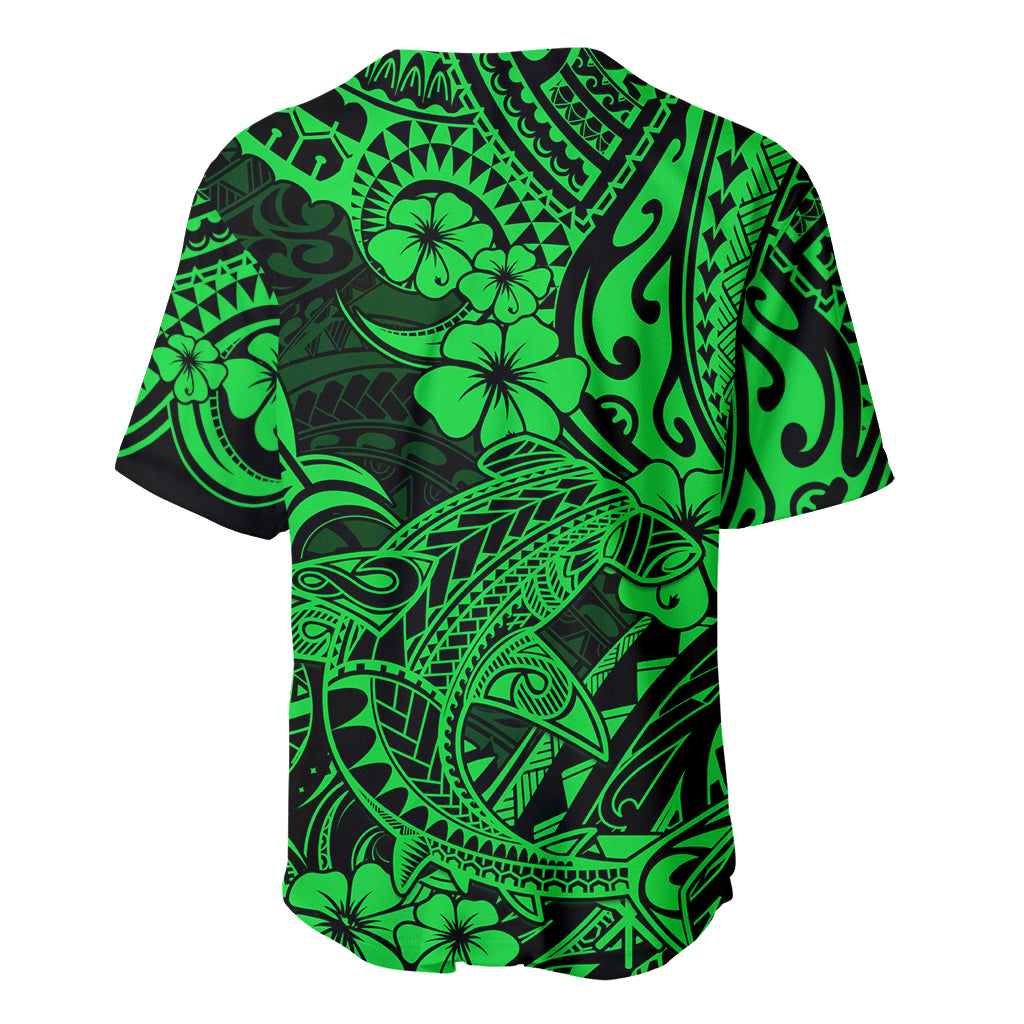 Hawaii Shark Baseball Jersey Polynesian Pattern Green Version - Wonder Print Shop