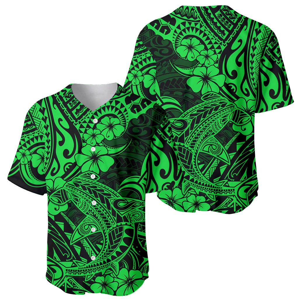 Hawaii Shark Baseball Jersey Polynesian Pattern Green Version - Wonder Print Shop