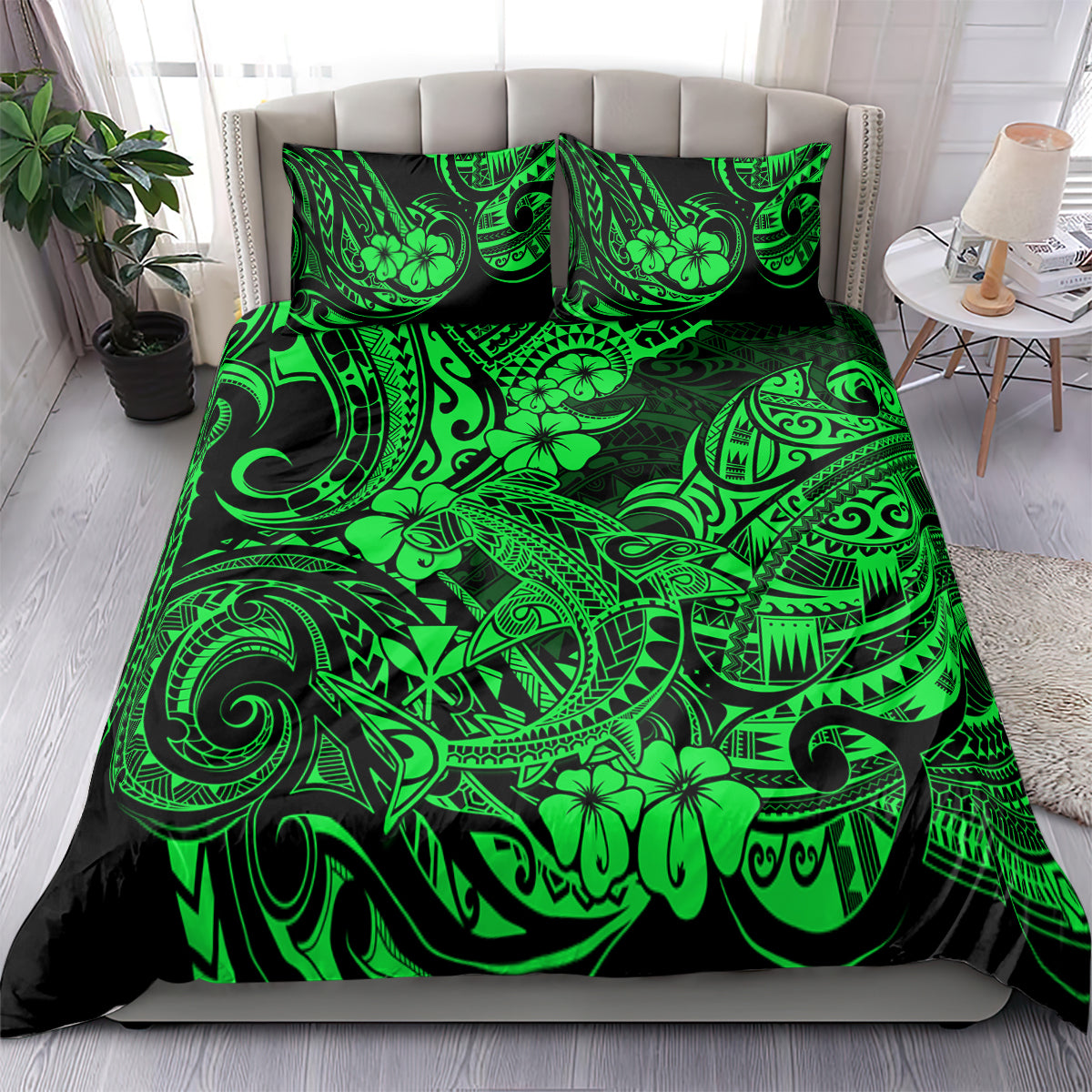 Hawaii Shark Bedding Set Polynesian Pattern Green Version - Wonder Print Shop