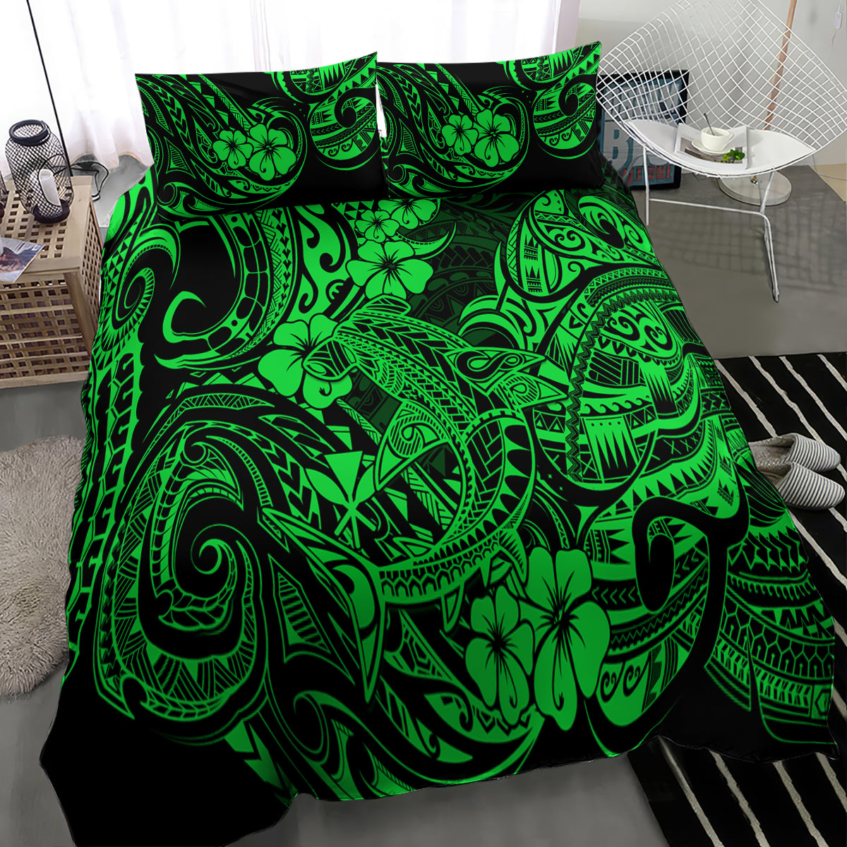 Hawaii Shark Bedding Set Polynesian Pattern Green Version - Wonder Print Shop
