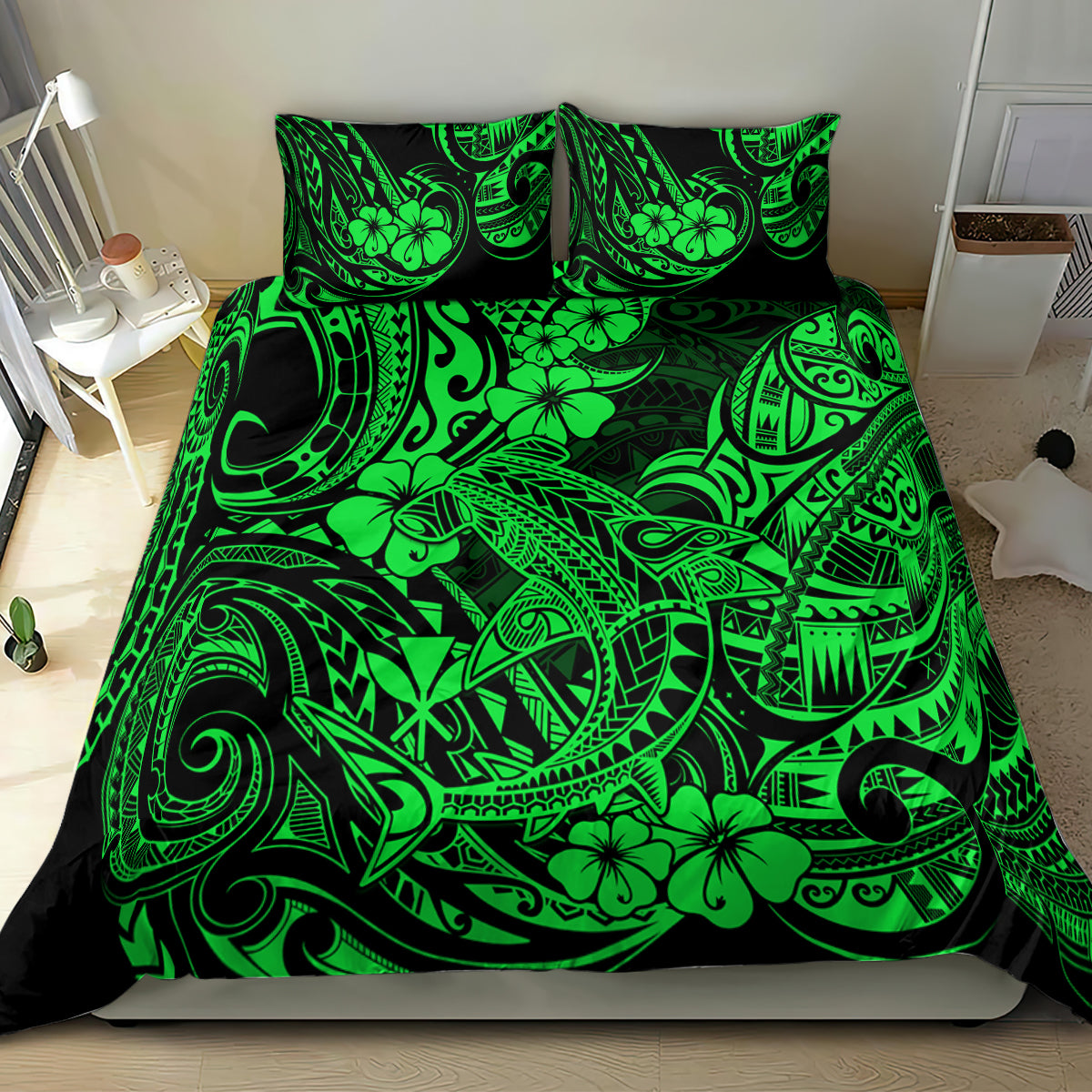 Hawaii Shark Bedding Set Polynesian Pattern Green Version - Wonder Print Shop