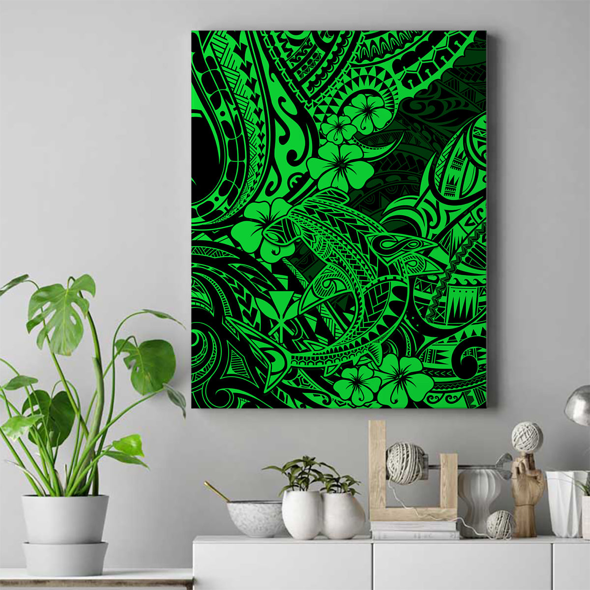 Hawaii Shark Canvas Wall Art Polynesian Pattern Green Version - Wonder Print Shop