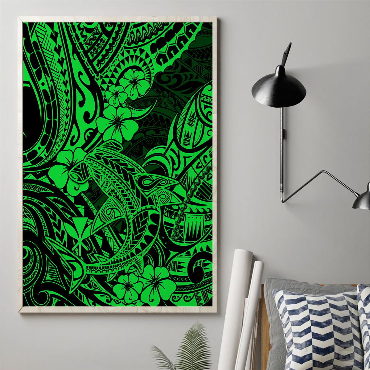 Hawaii Shark Canvas Wall Art Polynesian Pattern Green Version - Wonder Print Shop