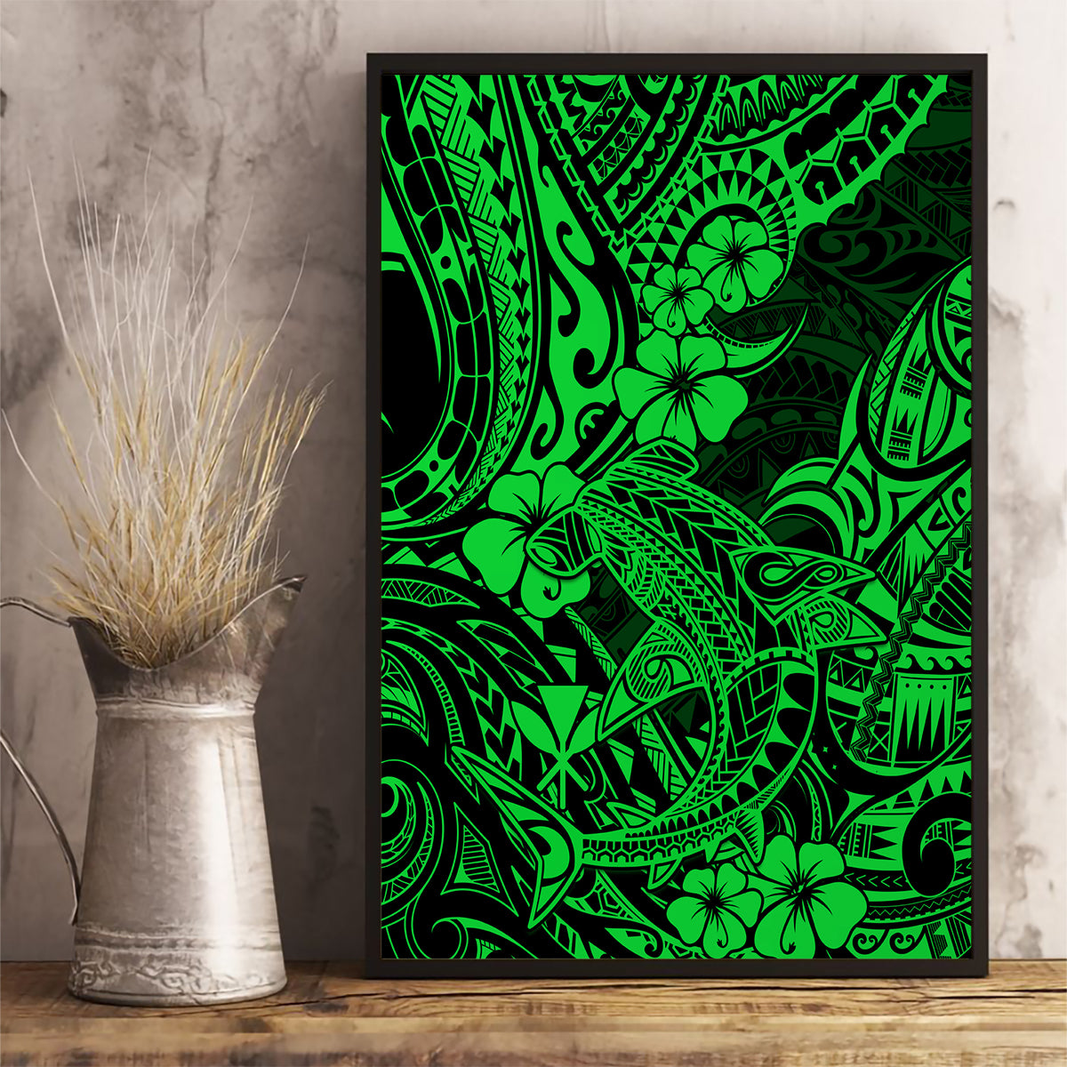 Hawaii Shark Canvas Wall Art Polynesian Pattern Green Version - Wonder Print Shop