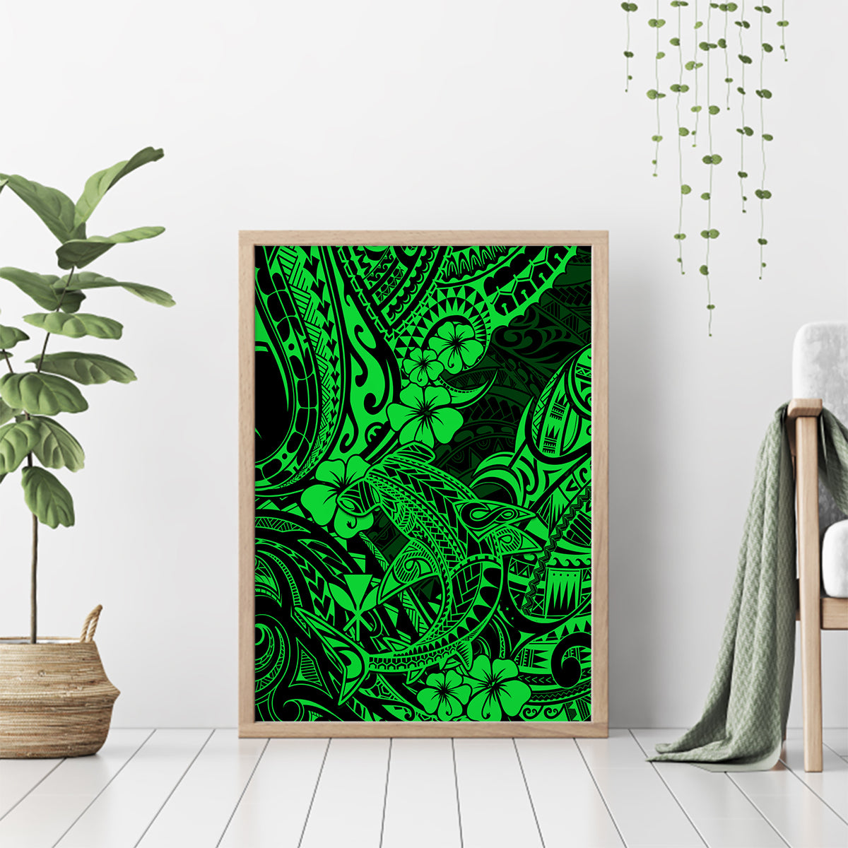 Hawaii Shark Canvas Wall Art Polynesian Pattern Green Version - Wonder Print Shop