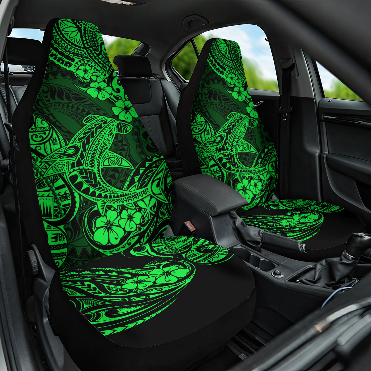 Hawaii Shark Car Seat Cover Polynesian Pattern Green Version - Wonder Print Shop