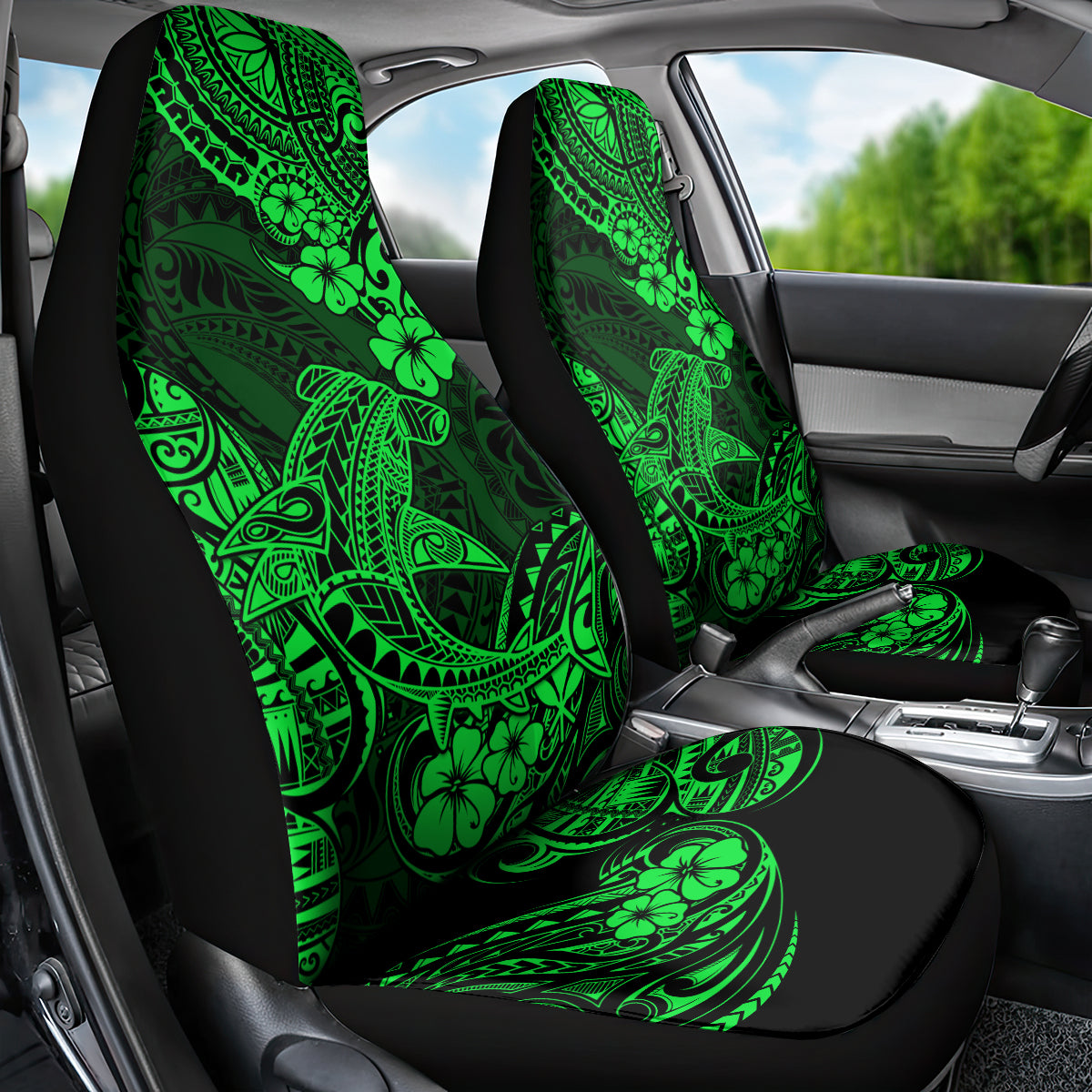 Hawaii Shark Car Seat Cover Polynesian Pattern Green Version - Wonder Print Shop