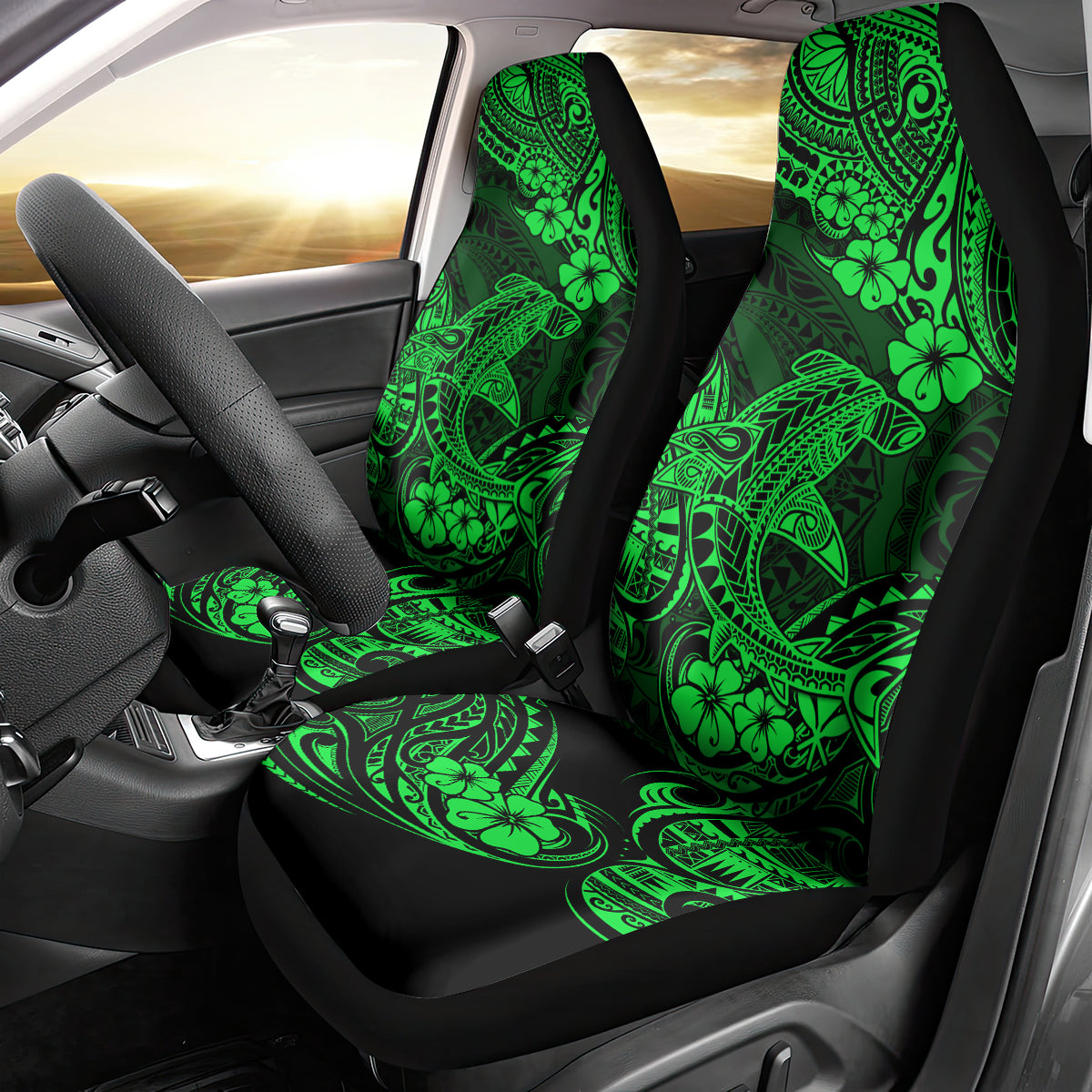 Hawaii Shark Car Seat Cover Polynesian Pattern Green Version - Wonder Print Shop
