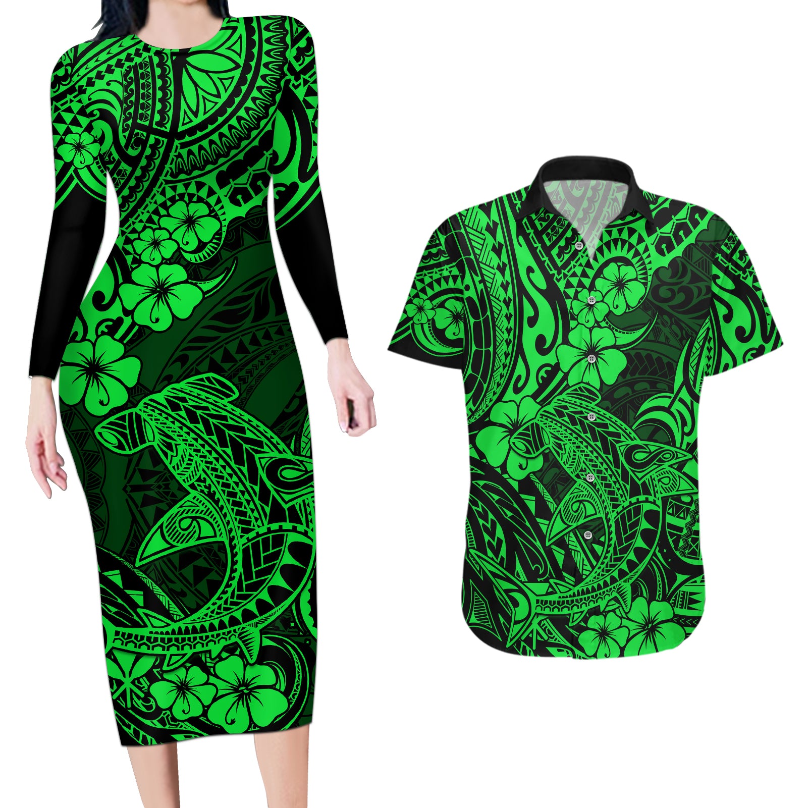 Hawaii Shark Couples Matching Long Sleeve Bodycon Dress and Hawaiian Shirt Polynesian Pattern Green Version - Wonder Print Shop