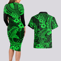 Hawaii Shark Couples Matching Long Sleeve Bodycon Dress and Hawaiian Shirt Polynesian Pattern Green Version - Wonder Print Shop