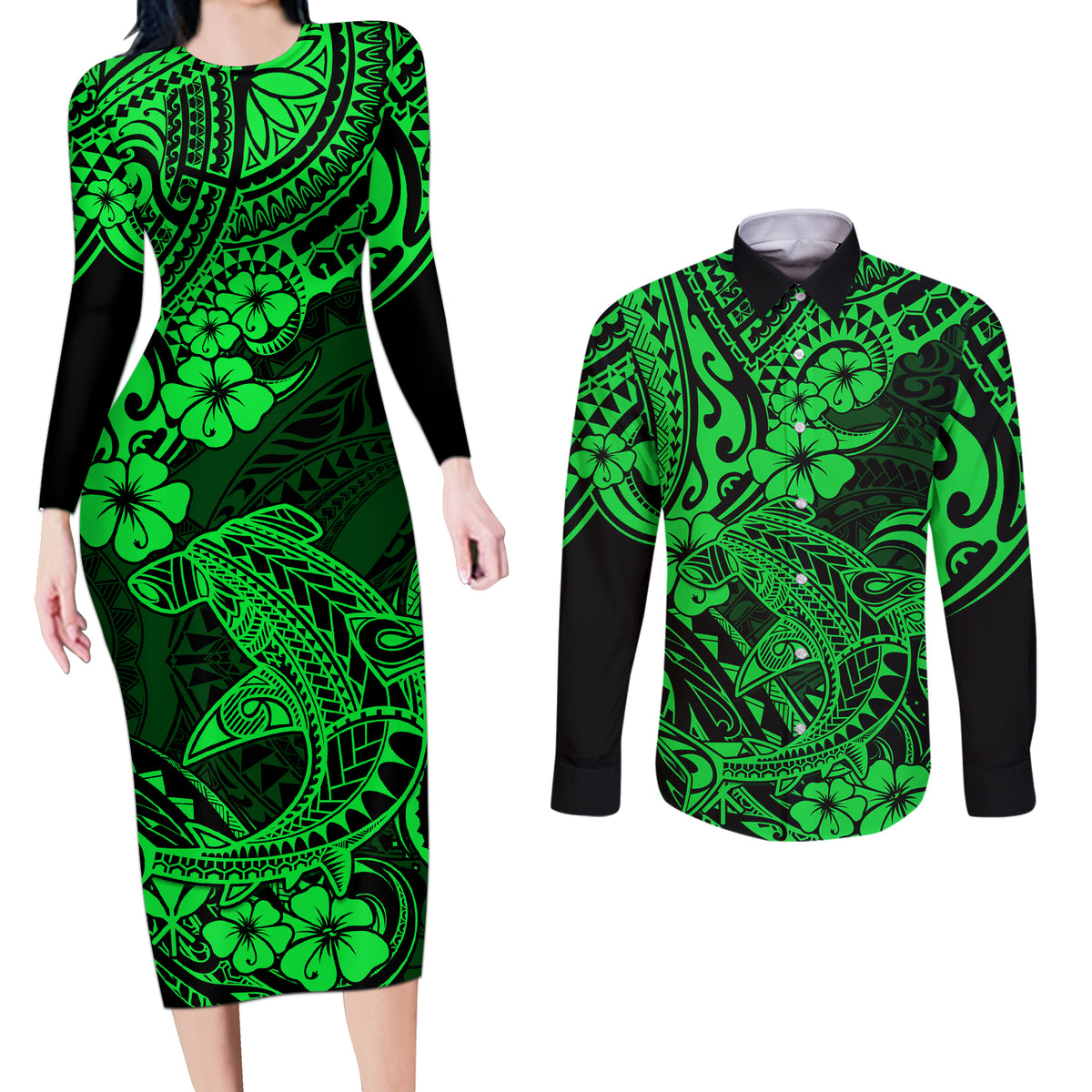 Hawaii Shark Couples Matching Long Sleeve Bodycon Dress and Long Sleeve Button Shirts Polynesian Pattern Green Version - Wonder Print Shop