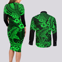 Hawaii Shark Couples Matching Long Sleeve Bodycon Dress and Long Sleeve Button Shirts Polynesian Pattern Green Version - Wonder Print Shop